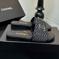 Chanel G39954 Slides with Woven Chain CC Logo Women in Quilted Denim Black