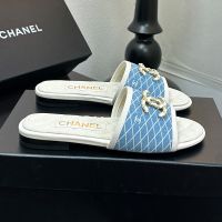 Chanel G39954 Slides with Woven Chain CC Logo Women in Quilted Denim Blue