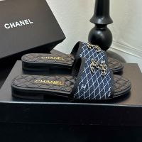 Chanel G39954 Slides with Woven Chain CC Logo Women in Quilted Denim Navy Blue