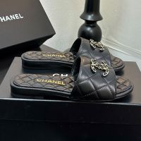 Chanel G39954 Slides with Woven Chain CC Logo Women in Quilted Lambskin Black