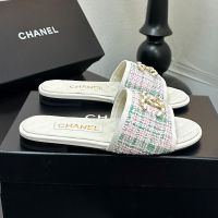 Chanel G39954 Slides with Woven Chain CC Logo Women in Tweed Beige/Pink