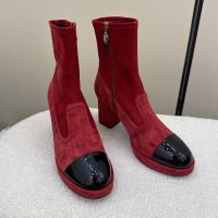 Chanel G45195 Ankle Boots with Letter Embroidered Women in Suede Red