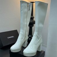 Chanel G45197 High Boots with Letter Embroidered Women in Calfskin White