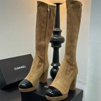 Chanel G45197 High Boots with Letter Embroidered Women in Suede Brown