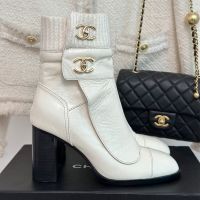 Chanel G45281 Ankle Boots with CC Buckle Women in Calfskin and Knit White
