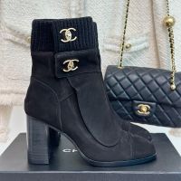 Chanel G45281 Ankle Boots with CC Buckle Women in Suede and Knit Black