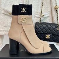 Chanel G45281 Ankle Boots with CC Buckle Women in Suede and Knit Brown
