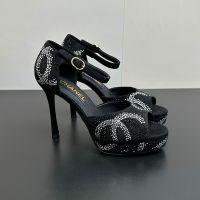 Chanel G45289 Heeled Sandals Women in Suede Lambskin Black