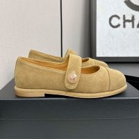 Chanel G46759 Mary Janes with CC Enamel Button Women in Suede Camel