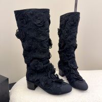Chanel G45651 High Boots with Camellia Embroidery Women in Grosgrain Black