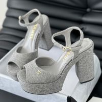 Chanel G45740 Tan-Go Platform Sandals Women Suede and Calfskin Grey