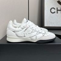 Chanel G45839 Sneakers with Logo Patch Women in Shiny Calfskin White/Grey