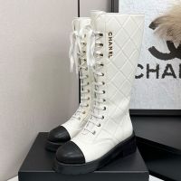 Chanel G45918 High Boots with Metal Letter Women in Quilted Calfskin White