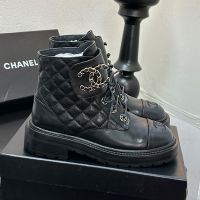 Chanel G45923 Ankle Boots with Woven Chain Logo Women in Shiny Calfskin Black