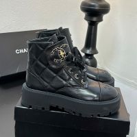 Chanel G45923 Ankle Boots with Woven Chain Logo Buckle Women in Shiny Calfskin Black
