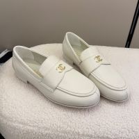 Chanel G46417 Moccasins with Metal Logo Women in Calfskin White