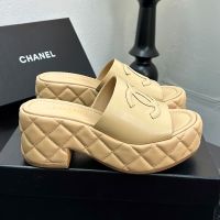 Chanel G46513 Slides with Logo Patch Women in Calfskin Brown