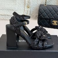 Chanel G46516 Camellia Sandals with CC Logo Women in Sequins Black