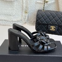 Chanel G46518 Camellia Slides with CC Logo Women in Calfskin Black