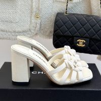 Chanel G46518 Camellia Slides with CC Logo Women in Grosgrain White