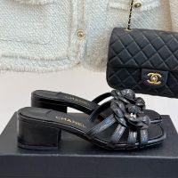 Chanel G46519 Camellia Slides with CC Logo Women in Calfskin Black