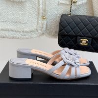 Chanel G46519 Camellia Slides with CC Logo Women in Grosgrain Light Blue