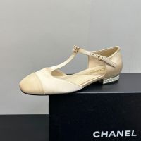 Chanel G46527 Mary Janes with Pearls Heel Women in Silk Beige