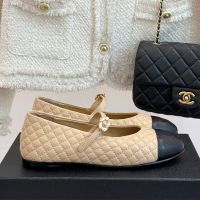 Chanel G46579 Mary Janes with Flower Buckle Women in Quilted Lambskin Apricot