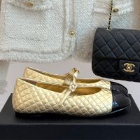 Chanel G46579 Mary Janes with Flower Buckle Women in Quilted Lambskin Gold
