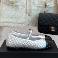 Chanel G46579 Mary Janes with Flower Buckle Women in Quilted Lambskin Silver