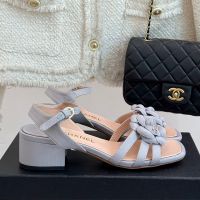 Chanel G46607 Camellia Sandals with CC Logo Women in Grosgrain Light Blue