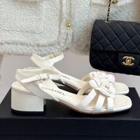 Chanel G46607 Camellia Sandals with CC Logo Women in Grosgrain White