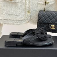 Chanel G46608 Camellia Thongs Slides Women in Strass Black