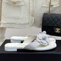 Chanel G46608 Camellia Thongs Slides Women in Strass Light Blue