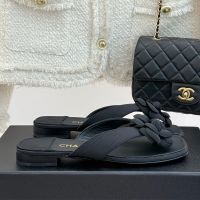 Chanel G46608 Camellia Thongs Slides with Strass Logo Women in Grosgrain Black