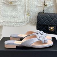 Chanel G46608 Camellia Thongs Slides with Strass Logo Women in Grosgrain Light Blue