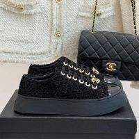 Chanel G46620 Platform Sneakers with CC Logo Women in Tweed Black