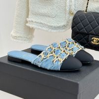 Chanel G46653 Mules with Woven Chain Women in Quilted Denim and Grosgrain Blue