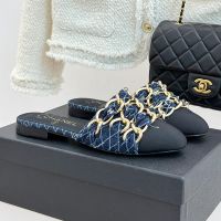 Chanel G46653 Mules with Woven Chain Women in Quilted Denim and Grosgrain Navy Blue