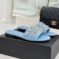 Chanel G46654 Slides with Large Woven Chain Women in Quilted Denim Blue