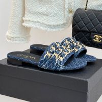 Chanel G46654 Slides with Large Woven Chain Women in Quilted Denim Navy Blue
