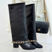 Chanel G46677 High Boots with Woven Chain Women in Calfskin and Grosgrain Black