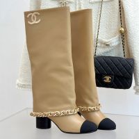 Chanel G46677 High Boots with Woven Chain Women in Calfskin and Grosgrain Brown
