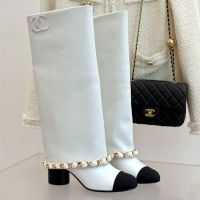 Chanel G46677 High Boots with Woven Chain Women in Calfskin and Grosgrain White