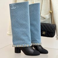 Chanel G46677 High Boots with Woven Chain Women in Denim and Calfskin Blue