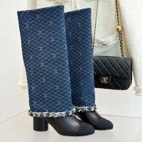 Chanel G46677 High Boots with Woven Chain Women in Denim and Calfskin Navy Blue