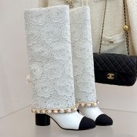 Chanel G46677 High Boots with Woven Chain Women in Fabric and Calfskin White