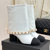 Chanel G46678 Ankle Boots with Woven Chain Women in Calfskin and Grosgrain White