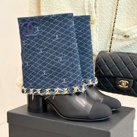 Chanel G46678 Ankle Boots with Woven Chain Women in Denim and Calfskin Navy Blue