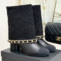 Chanel G46678 Ankle Boots with Woven Chain Women in Fabric and Calfskin Black